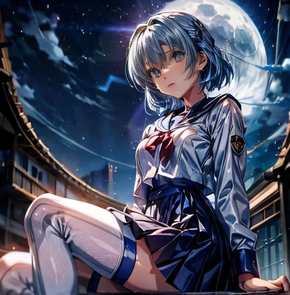 Eva　Rei Ayanami　uniform　Blue Hair　moon　School　night