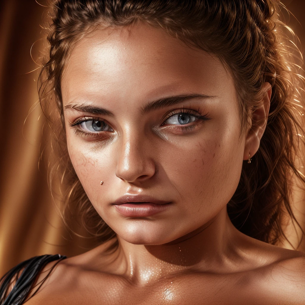 A nude woman, sweating, with bright lighting, detailed facial features, high resolution, photorealistic, vivid colors, warm color tone, studio lighting, extreme detailed skin texture, mesmerizing eyes, luscious lips, sharp focus, masterpiece