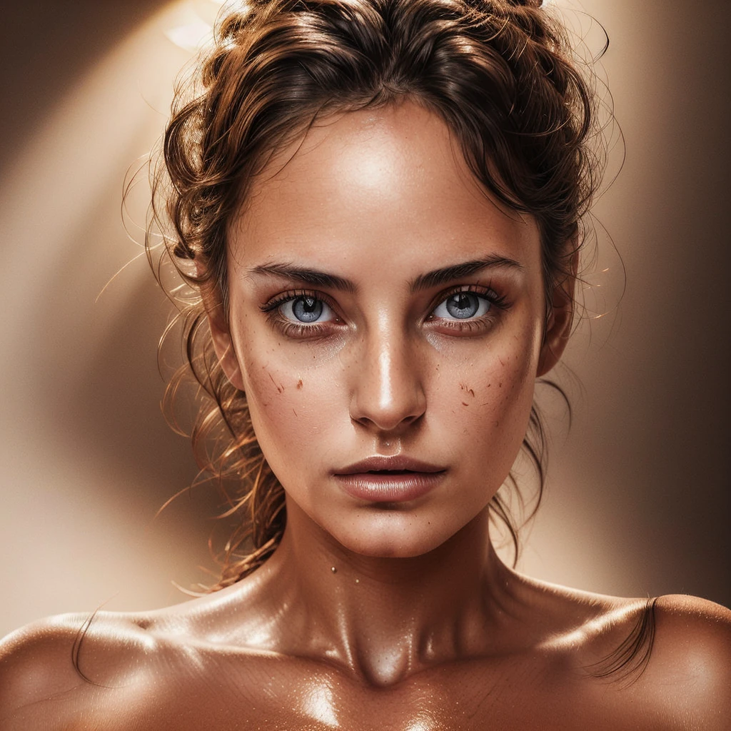 A nude woman, sweating, with bright lighting, detailed facial features, high resolution, photorealistic, vivid colors, warm color tone, studio lighting, extreme detailed skin texture, mesmerizing eyes, luscious lips, sharp focus, masterpiece