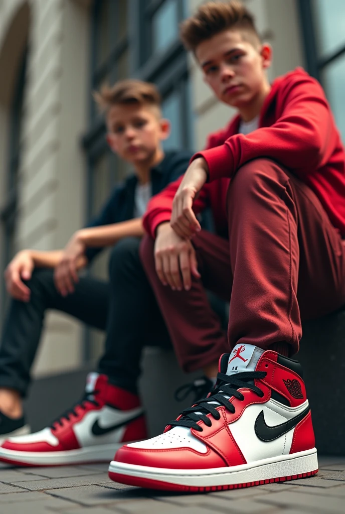 (Photorealism:1.2), Two age boys both wearing nike jordans 1. The Jordans should be seen in the picture, be clearly recognizable and original. Both have their hair styled and the sides at zero. Both boys are German