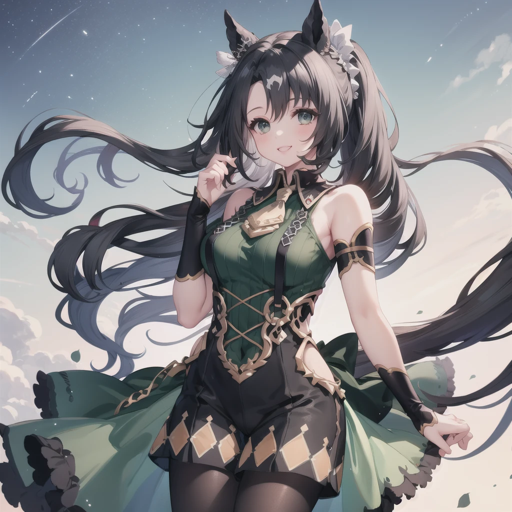 Highest quality、Highest quality、Highest Resolution、masterpiece、Anime Drawing、独奏。green shoulderless long knit。pantyhose。lipstick、smile。Glamorous Body、Beautiful breasts、Touch your head with your hand、Active Posing。Black Hair、Long Hair、ponytail。Lots of hair ornaments。Beautiful child with horse ears。Night Sky、Strong winds、Chest centered。