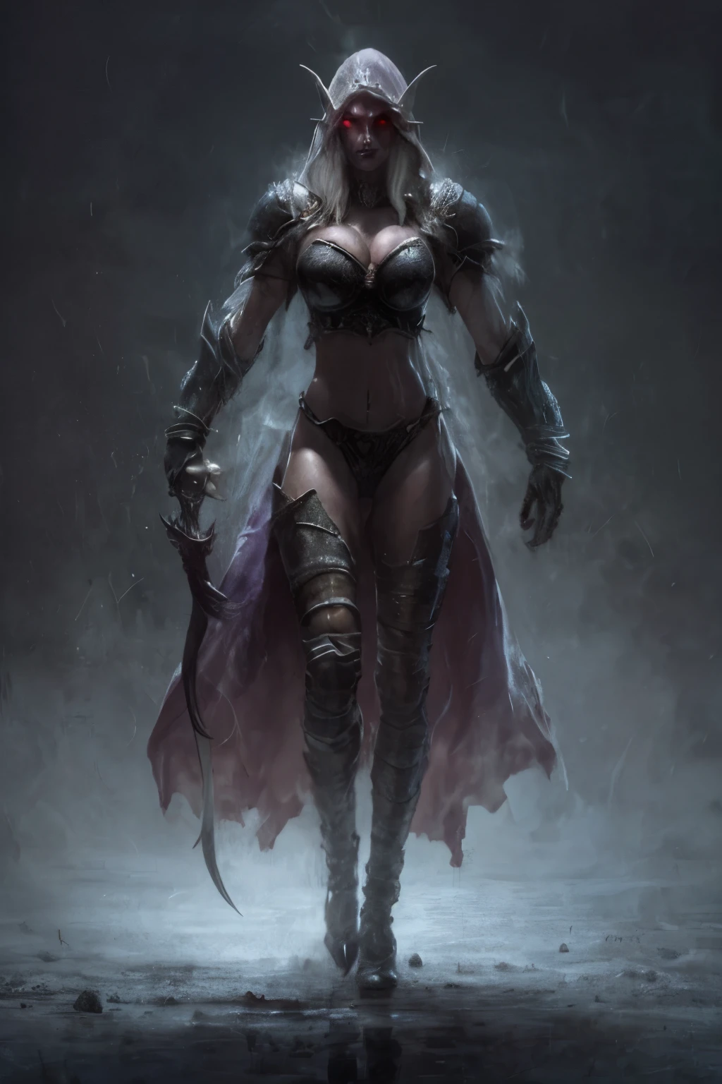 (HDR, 8k, masterpiece, intricate details), (((savage grace, beautiful elegant violence))), dancer of the boreal valley snow, prowling lithe long limbs, crawling slender knight, helm, weapons, highly detailed armor, glossy metal, metallic refraction, unsettling fluid movements, gossamer sheer fabric, see-through delicate veil, dark souls, bonfire, elf, Sylvanas Windrunner, long hair, silver hair, large breasts, looking at viewer, red eyes, cleavage, large breasts, white hair, choker, hood, cape, pointed ears, armor, lips, shiny, colored skin, goblin, blue skin, arrow, bikini armor, shoulder pads, undead, violet skin color. prowling slender lithe , mirror shine, ethereal lighting, wlop, obsidian armor, flaming blade, icy sword, holding weapons, unnaturally long limbs, ghostly wisps, liquid shimmer,
