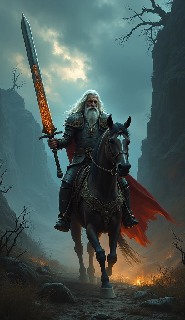 A knight on horseback with a massive magical sword with fiery runes. Dark landscape in the Middle Ages. The knight is an old man with white hair. Has ring armor . Realistic photo. A storm in the background