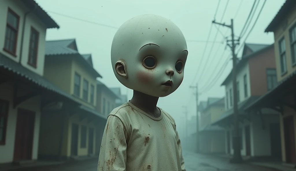Top quality, masterpiece, town street background, person in the form of dirty and old white balloon doll, image from below, science fiction, detailed science, life science, detailed image texture, creepy, scary, creepy atmosphere (not AI image), cloudy weather, low color image, creepy, character filling the screen, light pastel colors, detailed skin expression, exquisite skin