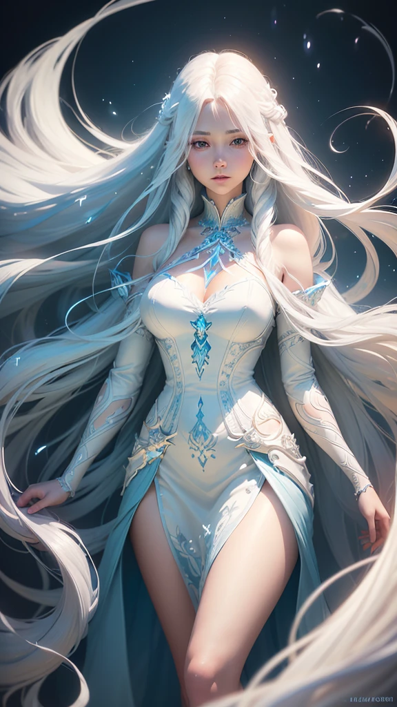 a woman with long white hair and a blue dress, long glowing ethereal hair, fantasy gorgeous lighting, glowing flowing hair, beautiful digital artwork, long glowing hair, digital fantasy art ), beautiful fantasy art, flowing glowing hair, flowing white hair, fantasy art style, ross tran 8 k, glowing hair, detailed white long hair, with white long hair, gorgeous digital art