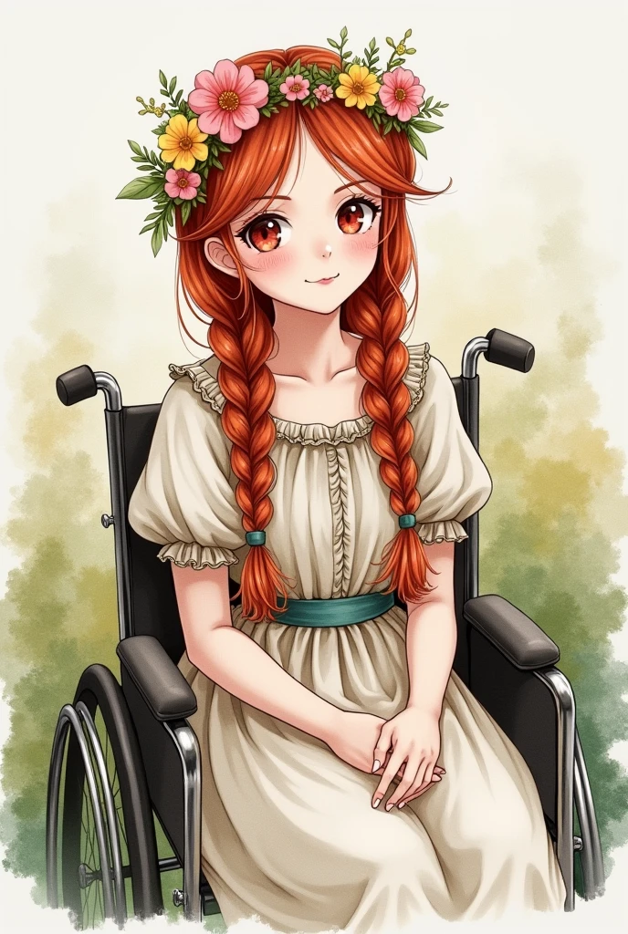 Watercolor drawing of a redhead with waist-length braided hair, with Victorian dress and sweet face, red pupils and a flower crown in a wheelchair