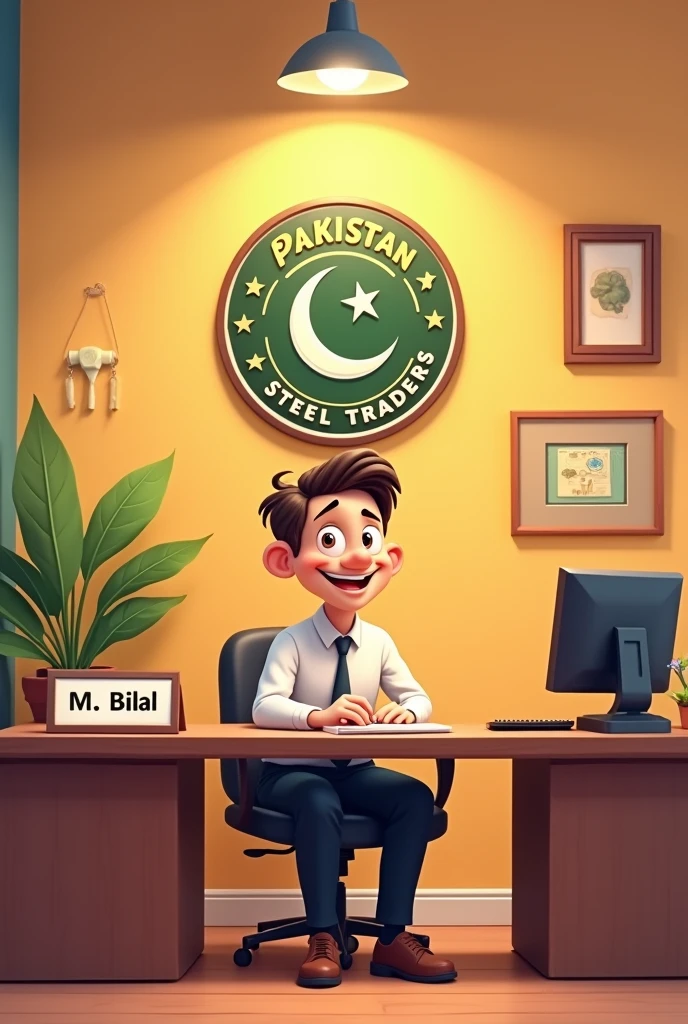 Like cartoon Office manager sit in his office
His name plate also put on table
M.Bilal
Back ground logo Pakistan steel traders