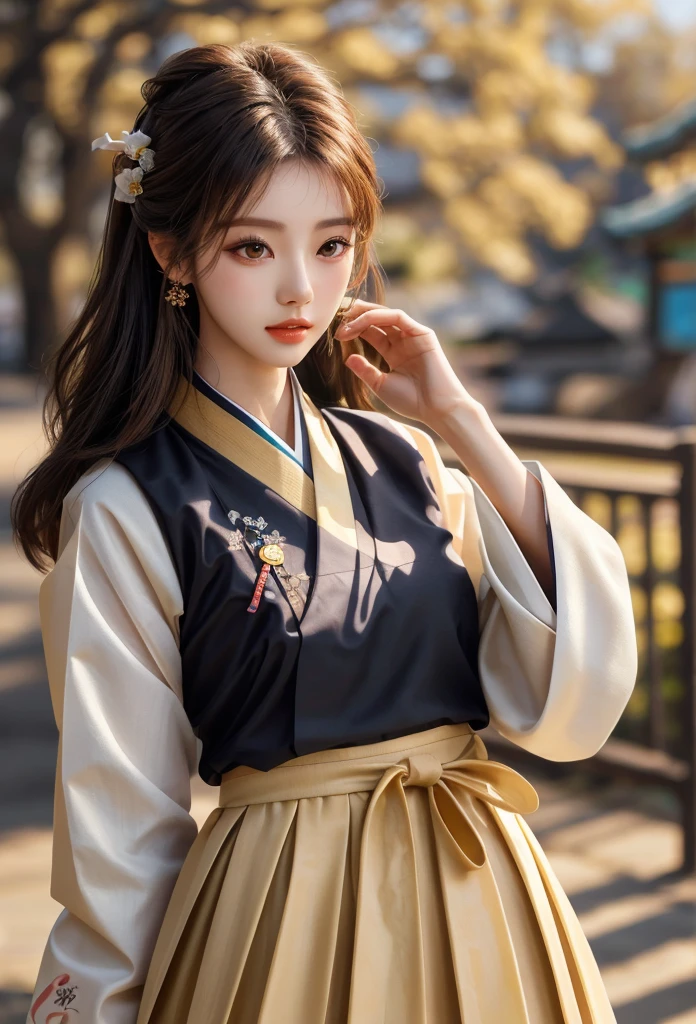 Beautiful girl wearing traditional hanbok, detailed perfect face, (dark yellow hanbok_jeogori, fluffy skirt, delicate details), Korean beauty, close-up angle, amazing, attractive, pure, blurry natural outdoor background, 8k, best quality, very detailed and realistic, LORA reference: 2.0,