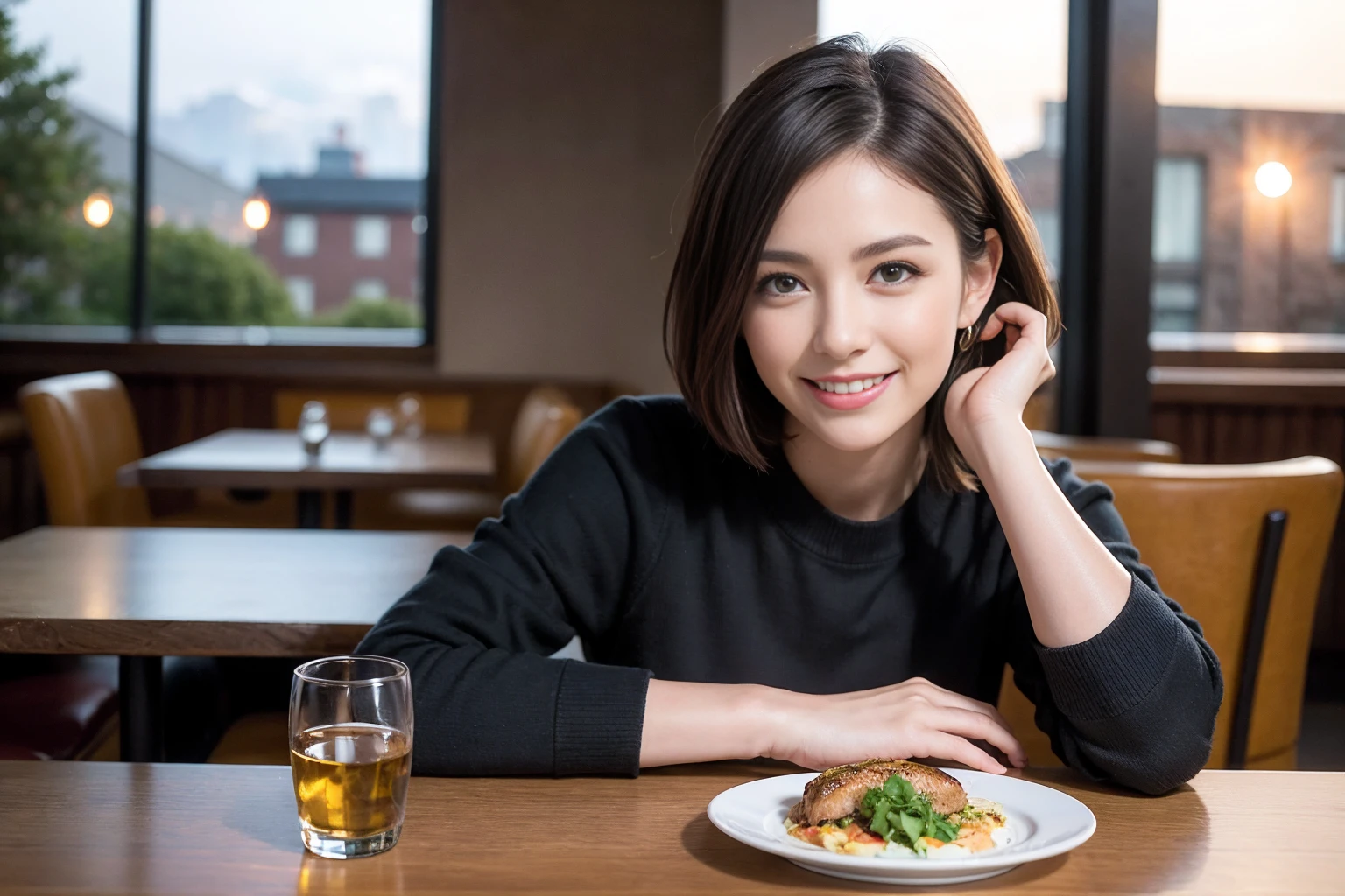 ((Highest quality、8k、masterpiece:1.limカップル、modelカップル、(Realistic, Intricate details:1.2), full-course dinner、Whiskey bottle and glass on the table、Single Malt、scotch、Rocks glass、Shot Glass、On the rock、Scotland、Amazing view of the sunset sky and clouds、A bright smile、The wonderfulness of smile、 Beautiful Face, blue eyes, The light shines on your face, blush, short hair,Bright Face、 (Age 3,Two beauties、Brown Hair、Shortcuts、Long sleeve shirt、dress、Beautiful woman 1, (slimな顔), (The body is slim), (Brown Hair), (Shortcuts), cheeks turn a little red,Attractive beauty、restaurant, In a prominent place (From the waist up) Nova Frog Style, actress, model, Upper Body, White wine, slim, smile, (smile: 1.15), Beautiful fine grain, Depth f/2,saturation, High Contrast, Strong light and shadow,Moist Body:1.5、3D texture、Delicate eyes、Brown Hair、The hair is very shiny、