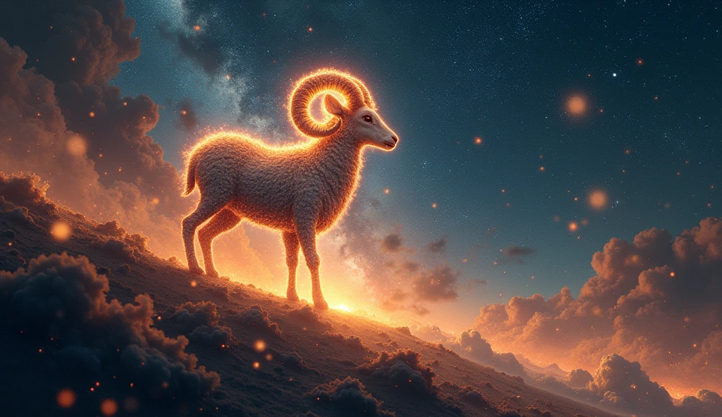 A vibrant night sky filled with twinkling stars forming the shape of a ram. Below, a cosmic landscape features swirling nebulae in shades of gold and red, with the ram glowing as if made of starlight.