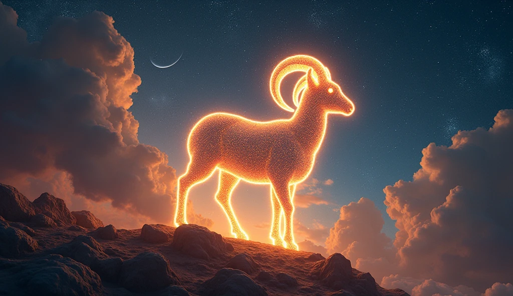 A vibrant night sky filled with twinkling stars forming the shape of a ram. Below, a cosmic landscape features swirling nebulae in shades of gold and red, with the ram glowing as if made of starlight.