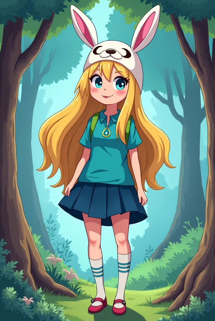 Fionna is a beautiful young girl, with long blonde hair that often hangs in waves. She is slightly taller than Finn, and more heavyset, having decently large breasts and visible fat rolls, which makes Finn think she has “The Lumps” when they first meet. She has large blue eyes, that almost look green in certain lighting.

She wears a rabbit-themed hat (similar to Finn's bear-themed hat). Unlike Finn, her neck is shown. Her main outfit includes a teal blue shirt with elbow-length sleeves, a dark blue skort, and high-knee socks with two thin, light blue horizontal stripes at the top, along with Mary Jane shoes. In her other outfits, she is seen wearing blue in some fashion, including several blue skirts, shirts, sweaters, and a necklace with a Teal Gem. She owns several pairs of boots and sneakers, in blue, black, and gray. Adventure time cartoon 