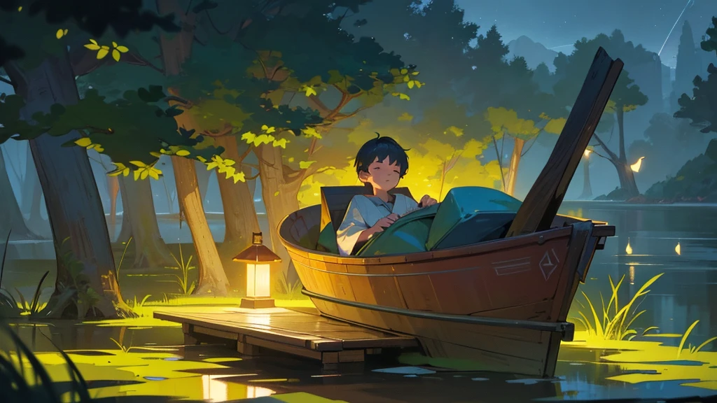 a young boy lying and looking up at the night sky, a cat sleeping on a small raft in a calm very small lake, fireflies illuminating the surroundings, glowing patterns on the grass, leaves, trees, and mushrooms around, atmospheric, serene, detailed, (best quality,8k,highres,masterpiece:1.2),ultra-detailed,(realistic,photorealistic,photo-realistic:1.37),digital painting,cinematic lighting,vibrant colors,beautiful landscape,tranquil scene,fantasy
