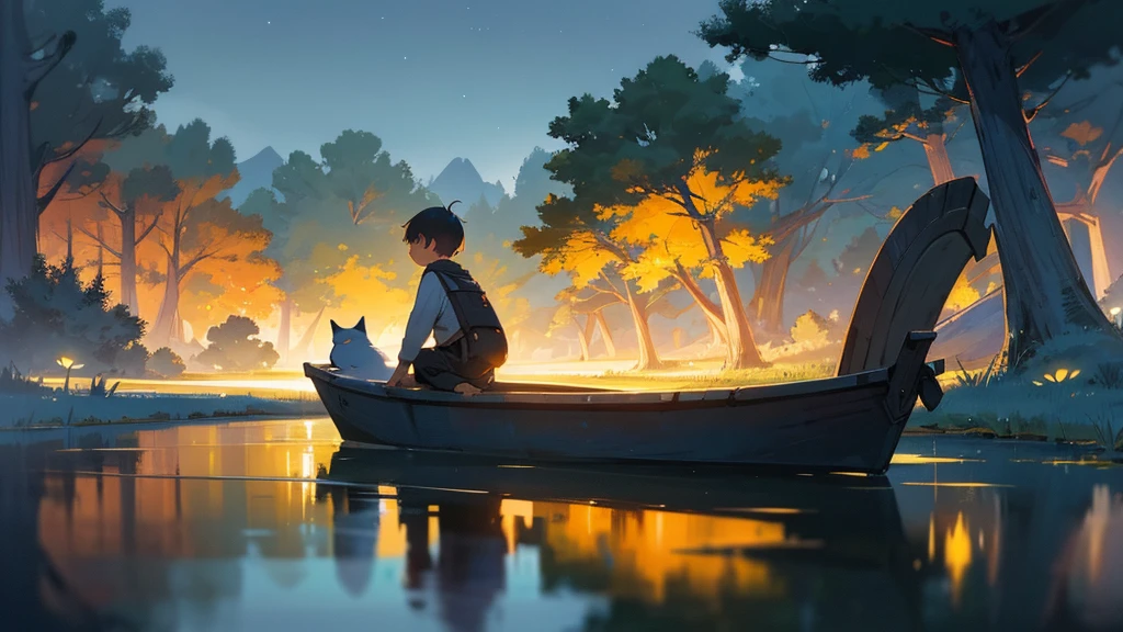 a young boy lying and looking up at the night sky, a cat sleeping on a small raft in a calm very small lake, fireflies illuminating the surroundings, glowing patterns on the grass, leaves, trees, and mushrooms around, atmospheric, serene, detailed, (best quality,8k,highres,masterpiece:1.2),ultra-detailed,(realistic,photorealistic,photo-realistic:1.37),digital painting,cinematic lighting,vibrant colors,beautiful landscape,tranquil scene,fantasy