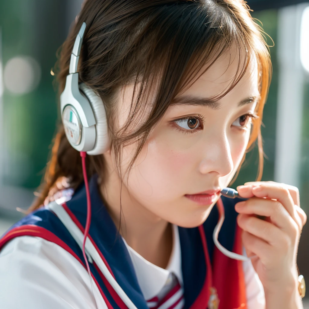 a beautiful detailed girl with headphones, looking into the distance while studying and listening to music, detailed face, porcelain skin, long eyelashes, delicate lips, wearing a school uniform, 8k, photorealistic, cinematic lighting, intricate details, vibrant colors, masterpiece、アニメーション、アニメ