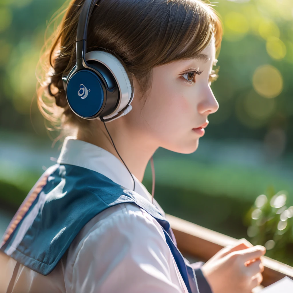 a beautiful detailed girl with headphones, looking into the distance while studying and listening to music, detailed face, porcelain skin, long eyelashes, delicate lips, wearing a school uniform, 8k, photorealistic, cinematic lighting, intricate details, vibrant colors, masterpiece、アニメーション、アニメ