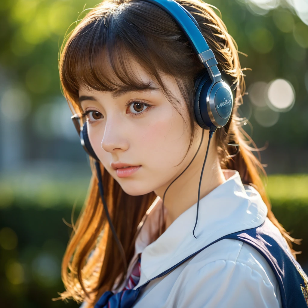 a beautiful detailed girl with headphones, looking into the distance while studying and listening to music, detailed face, porcelain skin, long eyelashes, delicate lips, wearing a school uniform, 8k, photorealistic, cinematic lighting, intricate details, vibrant colors, masterpiece、アニメーション、アニメ