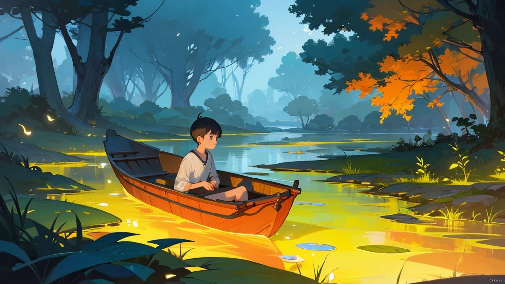 a young boy lying and looking up at the night sky, a cat sleeping on a small raft in a calm very small lake, fireflies illuminating the surroundings, glowing patterns on the grass, leaves, trees, and mushrooms around, atmospheric, serene, detailed, (best quality,8k,highres,masterpiece:1.2),ultra-detailed,(realistic,photorealistic,photo-realistic:1.37),digital painting,cinematic lighting,vibrant colors,beautiful landscape,tranquil scene,fantasy