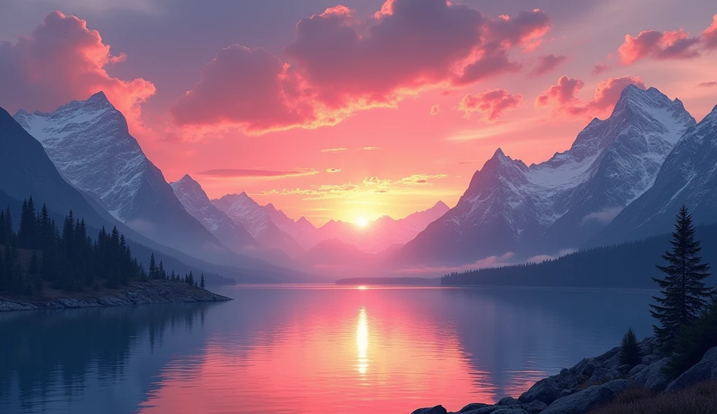 sunset over the mountains and lac