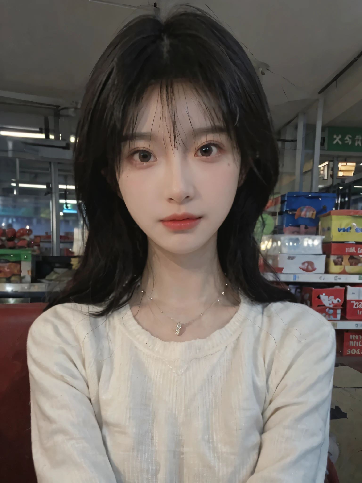 Best quality,Ultra-high resolution,(Realism:1.4),cute,cute发夹,girll,Cropped black sweater,Look directly at the audience,Full of atmosphere,Beautiful woman with a slim figure:1.4,supermarket,whole body,Super delicate face,Exquisite eyes,Double eyelids,necklace