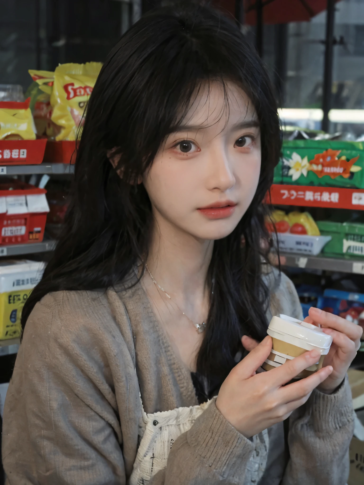 Best quality,Ultra-high resolution,(Realism:1.4),cute,cute发夹,girll,Cropped black sweater,Look directly at the audience,Full of atmosphere,Beautiful woman with a slim figure:1.4,supermarket,whole body,Super delicate face,Exquisite eyes,Double eyelids,necklace