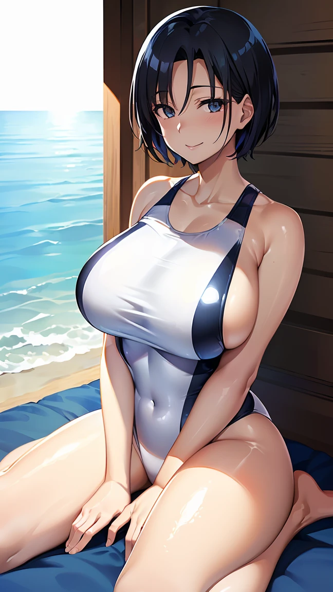 (Anime Style:1.4), Japanese, (45yo, mature woman :1.6), Black Hair, short hair, wide double eyelids, smile, (chest), (Curvy:1.4), (Shiny metallic white one-piece swimsuit:1.5), (Daytime:1.2), sitting、(seascape:1.2)、(hands_between_Legs, sideboob, wariza:1.3), (beach mattress)