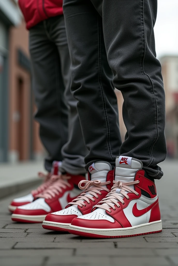 (Photorealism:1.2), Two age boys both wearing nike jordans 1. The Jordans should be seen in the picture, be clearly recognizable and original. Both have their hair styled and the sides at zero. Both boys are German