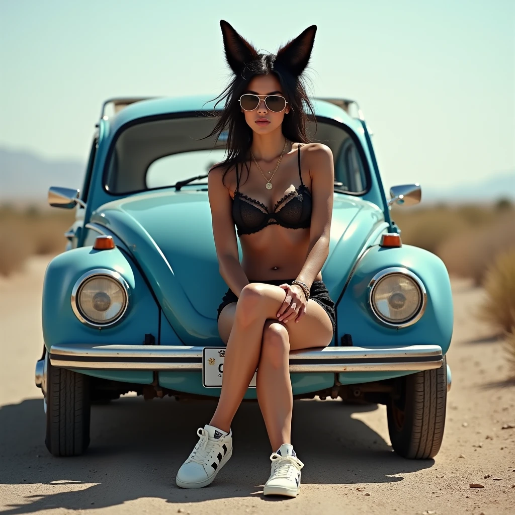 Nude brunette woman, twin tails of black hair, huge breasts topless, Athletic legs, fox ears, adidas fox tail shorts black, black sheer bra, aviator sunglasses, Adidas shoes, Sitting in a blue VW car in the middle of the desert road 