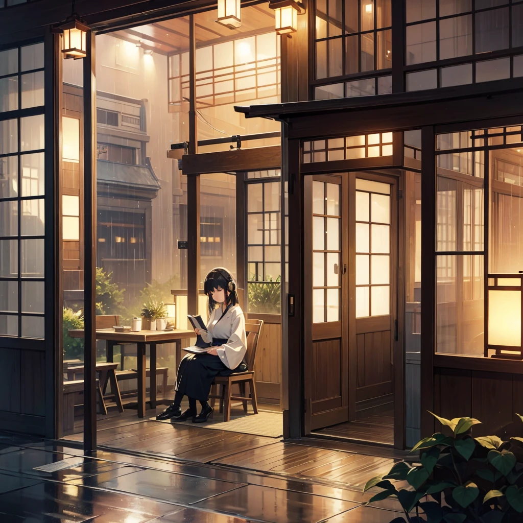 Describe a cozy little cafe seen from the outside at night, with soft lights and a peaceful atmosphere. In the background, a young japanese woman is sitting by the window, listening to lofi music with you full of light over ear headphones, while drinking a coffee and reading a book. Gentle rain falls outside, the drops hitting the windows creating a feeling of peace and relaxation. A cozy café glows softly at night, exuding a peaceful atmosphere. A young Japanese woman sits by the window, immersed in lofi music through her bright headphones, sipping coffee while reading a book. Gentle rain taps against the glass, enhancing the calming ambiance. -niji 6 --aspect 1:1 --stylize 1536x1536--quality 1 --chaos 0y Greg Rutkowski,
