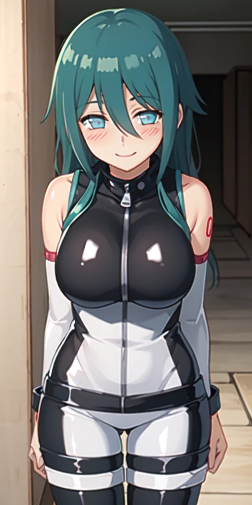 (Best quality:1.3), nakano miku, long hair, hair between eyes, large round breasts, zipped bodysuit,big smiling, blushing:1.2, (erotic), standing