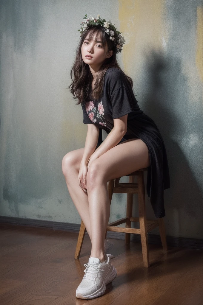 (High quality photo:1.5), 1woman, a 25y very pretty hongkong woman with (cool expression:1.2), (wearing a beauty floral crown:1.2), (sexy:1.3),sitting on the wood stool, (open legs:1.2), (woolen blanket:1.2), (((sneakers))), (chubby:0.8), (perfect hairstyle:1.4), (natural face:1.2), natural warm soft light, (indoor:1.2), (dynamic pose:1.2), facing camera, (abstract paint art wall background:1.4), (still life fashion photography:1.5), (dark moody:1.3), dramatic, real moment, real object, (ultra highly detailed:1.5), (ultra realistic:1.5), detailed face and eyes, (real skin:1.3), (dynamic shadow:1.2), (full body view:1.2), (dynamic angle:1.2), soft focus, shot by mamiya R67, kodacrhome, surreal composition
