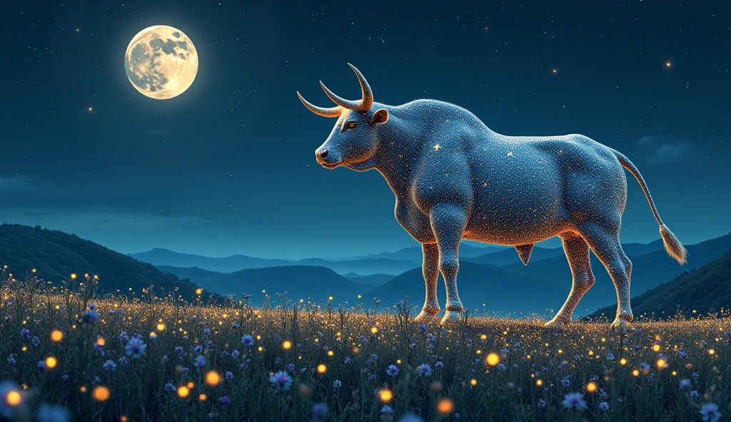 A serene starry sky depicting a majestic bull made of constellations. The bull stands on a hill under a full moon, surrounded by fields of wildflowers that reflect the night sky, with stars shimmering in hues of blue and green.