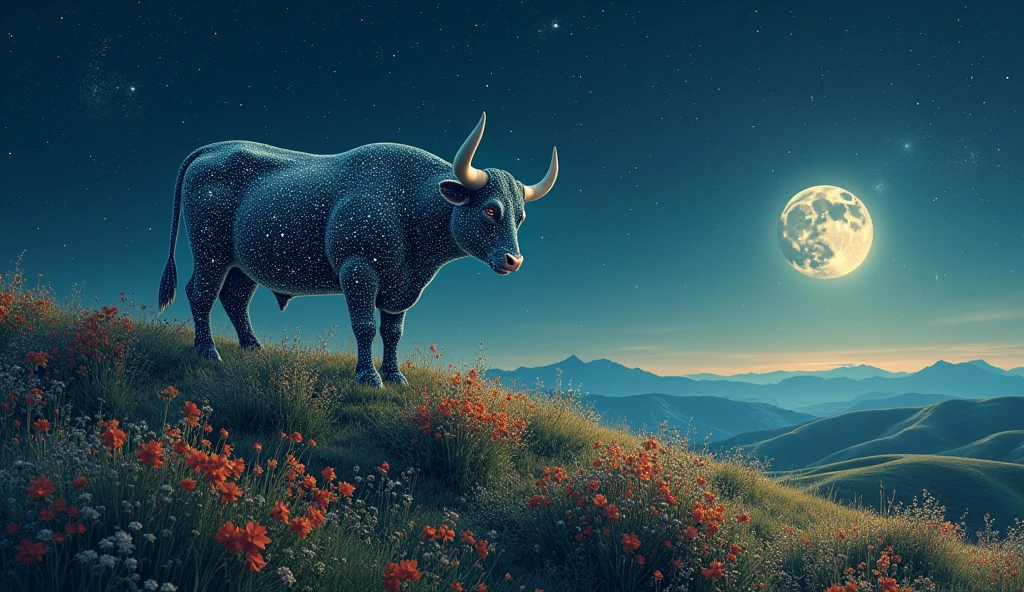 A serene starry sky depicting a majestic bull made of constellations. The bull stands on a hill under a full moon, surrounded by fields of wildflowers that reflect the night sky, with stars shimmering in hues of blue and green.