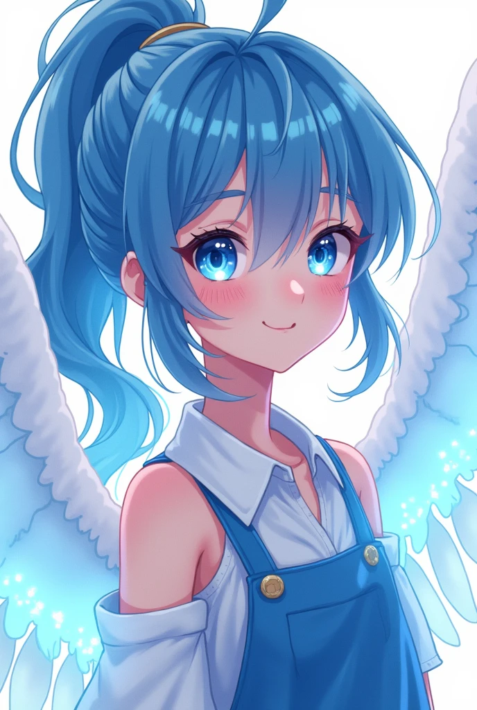 Girl blue hair blue clothes sparkling eyes With  
White Wings human ponytail cartoon kawaii ager