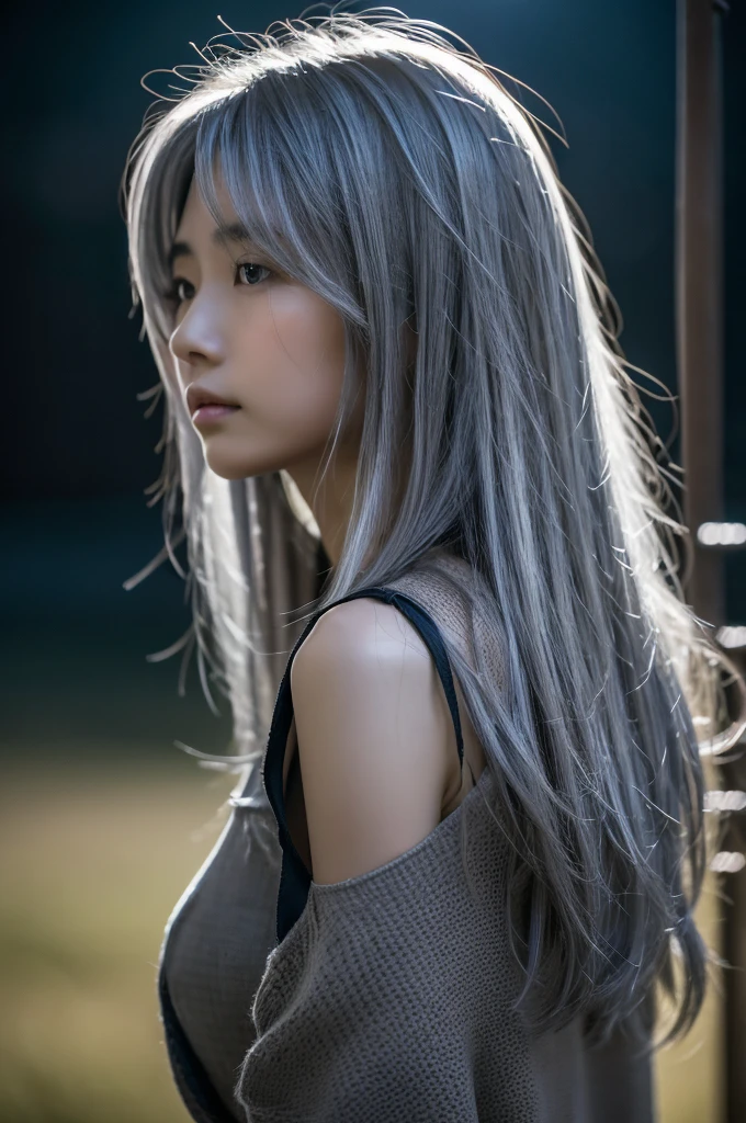 masterpiece, high quality, High resolution, 8k, (alone:1.2), ((One person)), Japanese women, Detailed face, Detailed eyes, Correct body structure, Upper Body, ((Gray Hair:1.2)), Very long hair, Messy Hair, Slender body, Captivating silhouette, Glowing Bones, Depth of written boundary, Nighttime dark photos, It's dim, bangs, Cinema Lighting, Tyndall effect, Abstract background, Futuristic costume, Vibrant colors, Modern Style, Wide sleeves, artistic, Unique Pattern, colorful, stylish, trend