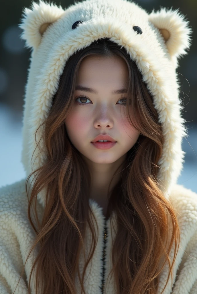 A 20-year-old woman with long brown hair and a polar bear hood