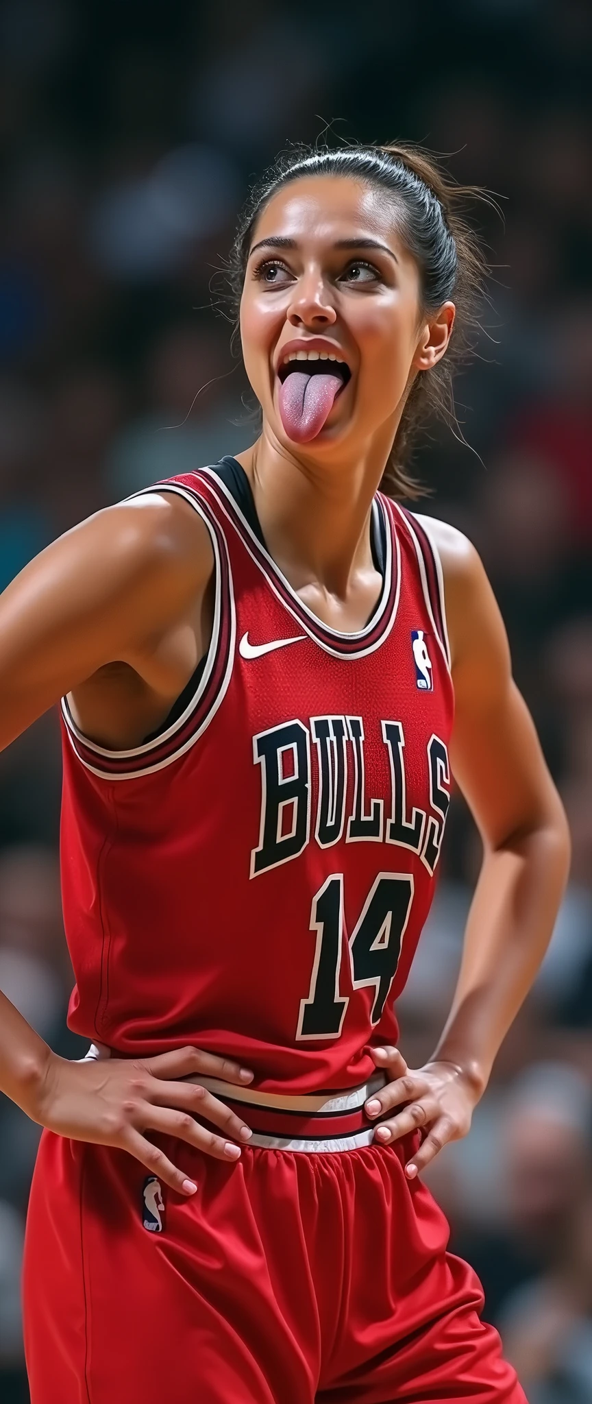 (masterpiece),(Highest quality),(Very detailed),(Ultra-high resolution),(Realistic:2.0),(RAW Photos:2.0),8k,wallpaper,(11 women:2.0),(Very beautiful woman:2.0),(Women basketball players:2.0),(Dribble past your opponent:2.0),(dynamicアングル:2.0),(Chicago Bulls uniform:2.0),(The woman is sticking out her tongue:2.0),(Serious:2.0),(Very detailed顔:2.0),(Very detailed手:2.0),(Detailed tongue:2.0),(Muscular:2.0),(dynamic:2.0),(Basketball court),(dynamic:2.0),(VFX:2.0),(Cowboy Shot:2.0)