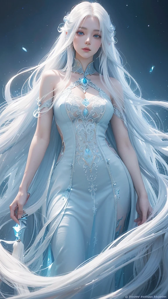 a woman with long white hair and a blue dress, long glowing ethereal hair, fantasy gorgeous lighting, glowing flowing hair, beautiful digital artwork, long glowing hair, digital fantasy art ), beautiful fantasy art, flowing glowing hair, flowing white hair, fantasy art style, ross tran 8 k, glowing hair, detailed white long hair, with white long hair, gorgeous digital art