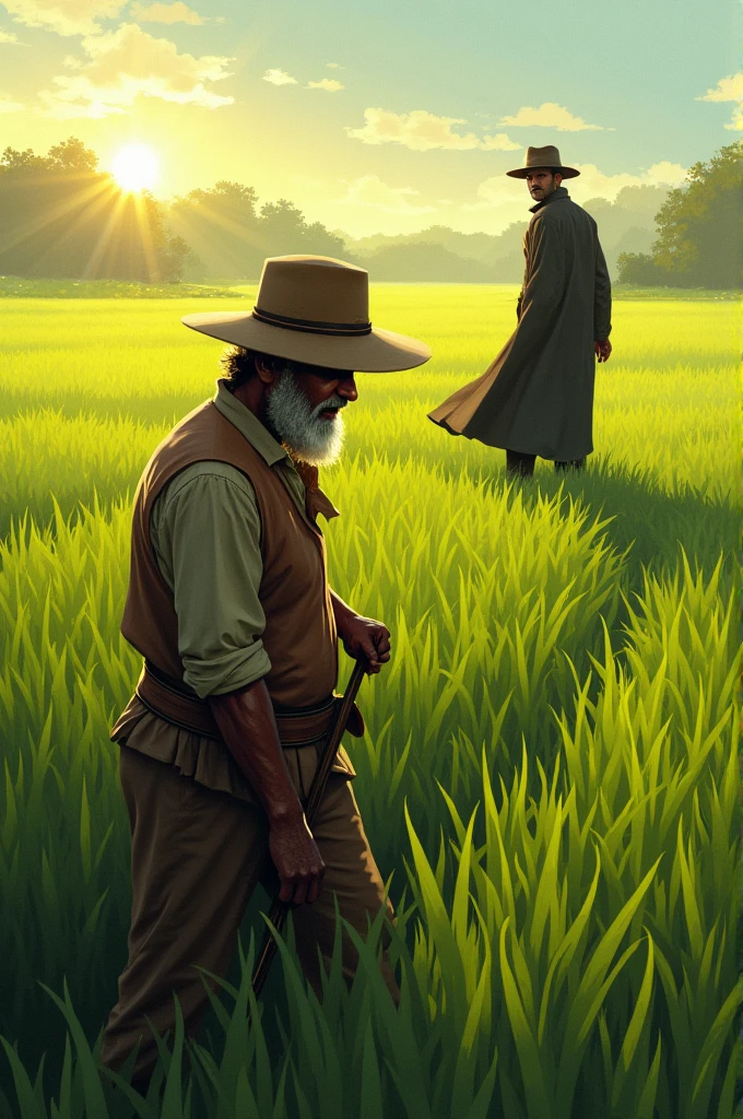 A diligent farmer, Kishan, working in his green field under the morning sun, wiping sweat off his forehead. In the distance, a mysterious man in a long coat and hat is approaching. The stranger has a calm, enigmatic smile as he nears the field, with the sun casting long shadows on the ground."