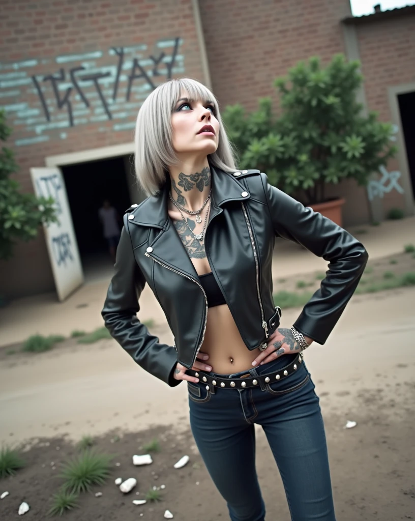 russian milf woman, grey  hair (straight, middle part), with very light blue eyes, extremely pale skin. All neck tattooed. Wearing cropped aged black moto jacket with lots of zippers and pins, flipped up collar.. Dark blue skinny  jeans.. wide black studded belt. Leaning back on a graffitied brick wall  with hands on her hips, looking up, chin up, stretching her neck , humble facial expression.. Listening with tilted head, looking up to somebody more clever  speaking to her from the sky, upper teeth visible. Well toned abdominals, thin neck, slim legs and thin arms. Narrow hips. Dirt street in Kenyan village full of waste. Lots of silver bracelets. A lot of tanned fat women  in traditional dresses around looking down at her