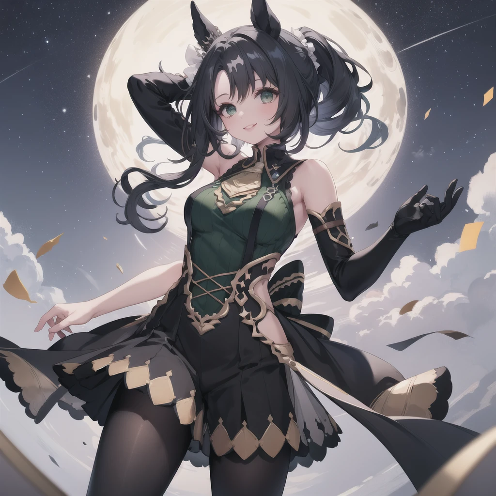 Highest quality、Highest quality、Highest Resolution、masterpiece、Anime Drawing、solo、1 person。green shoulderless long knit。pantyhose。lipstick、smile。Glamorous Body、Beautiful breasts、Touch your head with your hand、Active Posing。Black Hair、Long Hair、ponytail。Lots of hair ornaments。Beautiful child with horse ears。Night Sky、Strong winds、Chest centered。