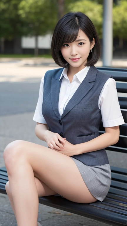 Very realistic and clear photos,Anatomically accurate body,The correct five fingers,Wearing a ring on the left ring finger,Japanese,1 mature woman, Age 35,Large Breasts,slightly larger hips,Just a little fat,Translucent white and delicate skin,The eyes are small,Neat and clean beauty,Facial expressions that invite a man,Married and settled,Bob or short hair,office worker, receptionist, (White and grey checked vest:1.2) (Navy pencil skirt) bow tie, Wearing a name tag on the left side of his chest,High heels,sitting on a park bench,Very attractive thighs extending from the skirt,Spread your legs wide,/(Black Hair/) bangs, Smile sexily, (Masterpiece Top quality:1.2) Delicate illustrations, super detailed, Detailed Background,Full body photo from toe to head,This woman's nude photo,Nipples are pink,Almost no pubic hair,She spreads her legs wide and her pussy is visible