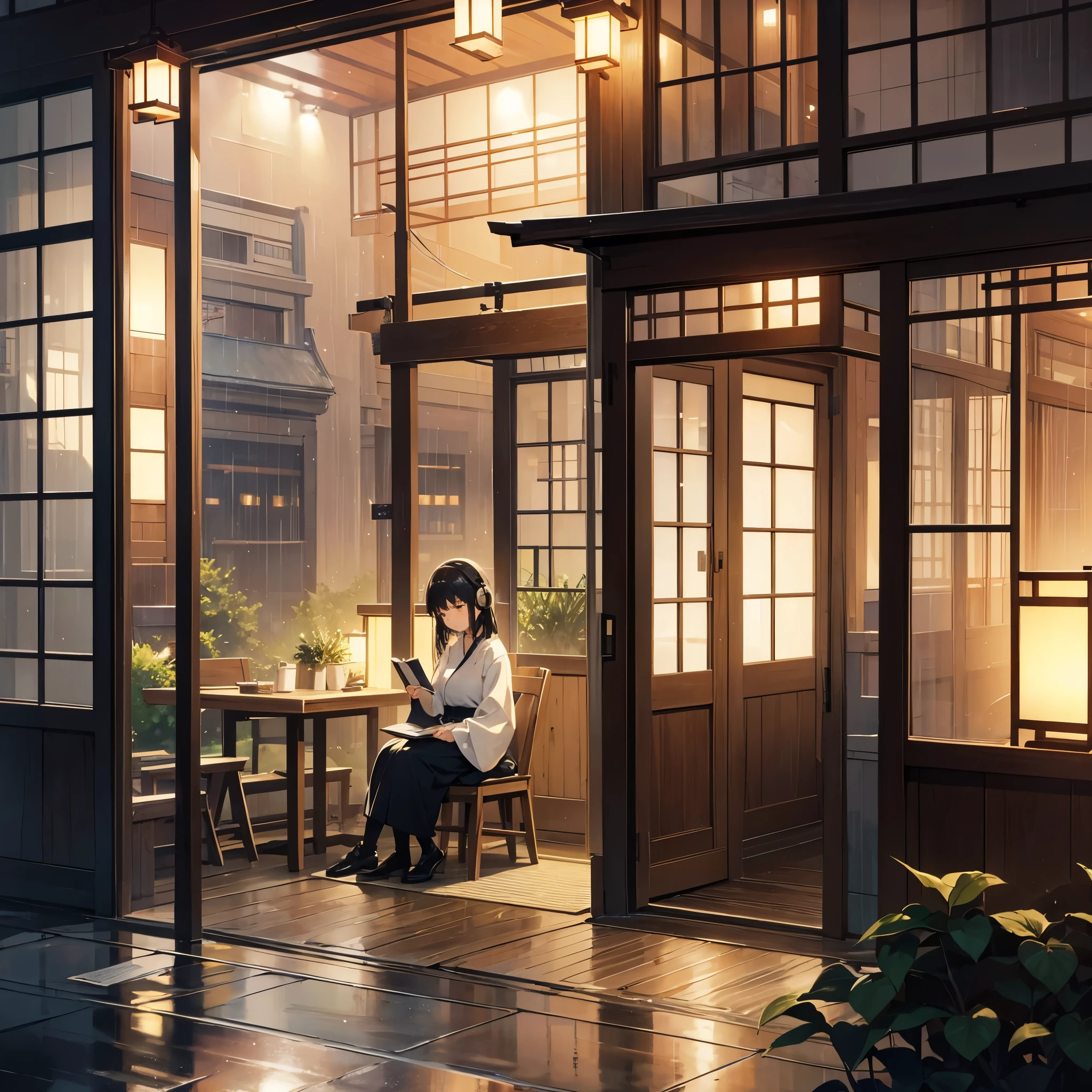 Describe a cozy little cafe seen from the outside at night, with soft lights and a peaceful atmosphere. In the background, a young japanese woman is sitting by the window, listening to lofi music with you full of light over ear headphones, while drinking a coffee and reading a book. Gentle rain falls outside, the drops hitting the windows creating a feeling of peace and relaxation. A cozy café glows softly at night, exuding a peaceful atmosphere. A young Japanese woman sits by the window, immersed in lofi music through her bright headphones, sipping coffee while reading a book. Gentle rain taps against the glass, enhancing the calming ambiance. -niji 6 --aspect 1:1 --stylize 1536x1536--quality 1 --chaos 0y Greg Rutkowski,