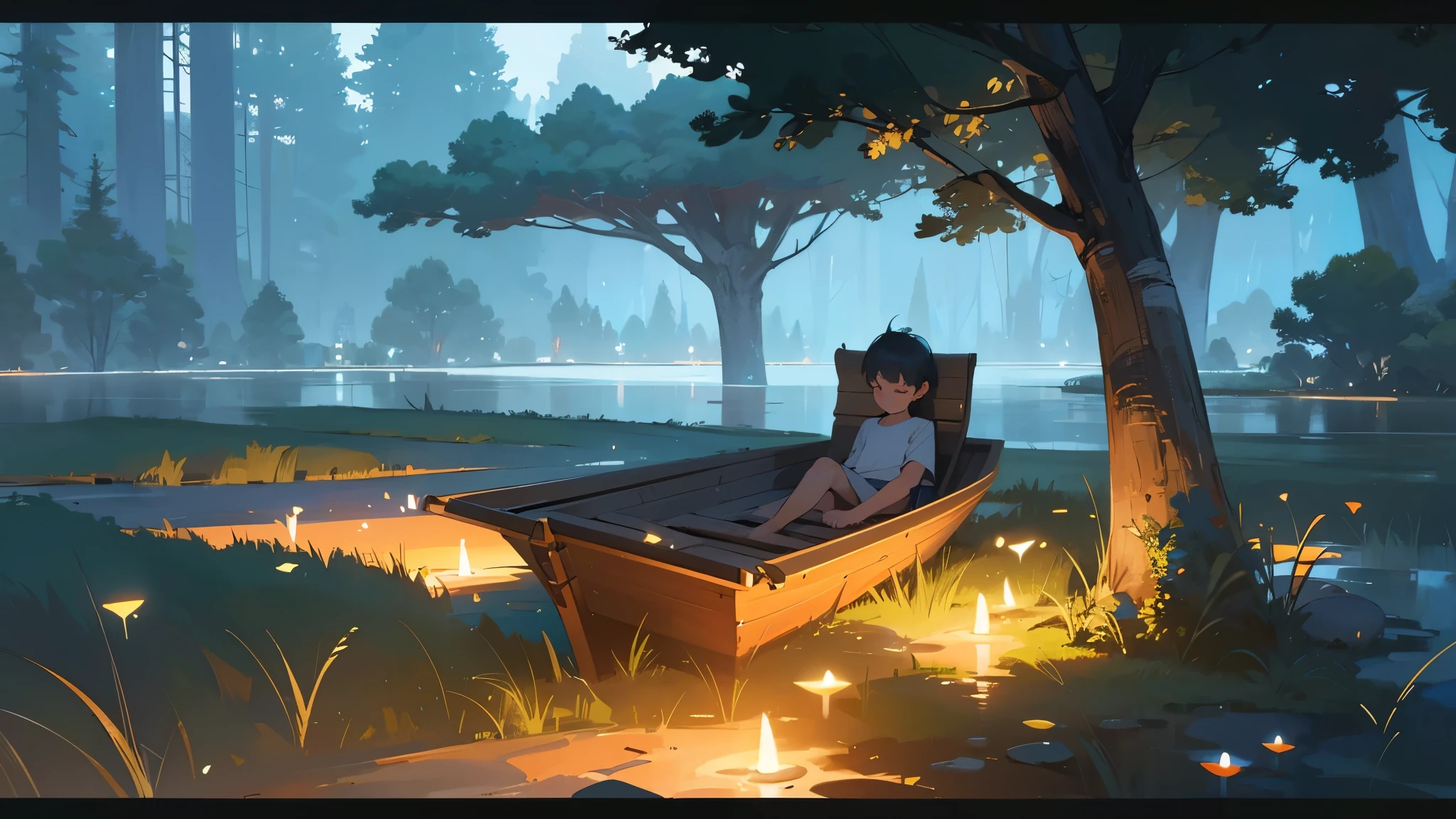 a young boy lying and looking up at the night sky, a cat sleeping on a small raft in a calm very small lake, fireflies illuminating the surroundings, glowing patterns on the grass, leaves, trees, and mushrooms around, atmospheric, serene, detailed, (best quality,8k,highres,masterpiece:1.2),ultra-detailed,(realistic,photorealistic,photo-realistic:1.37),digital painting,cinematic lighting,vibrant colors,beautiful landscape,tranquil scene,fantasy
