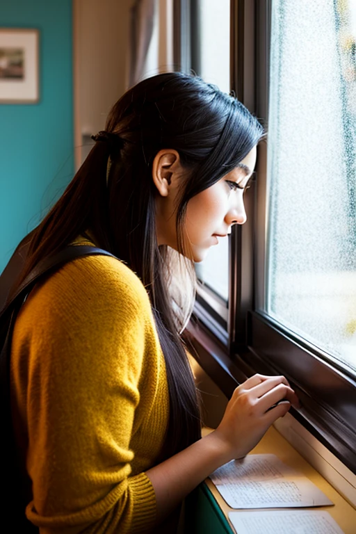 A young woman looking out the window while studying