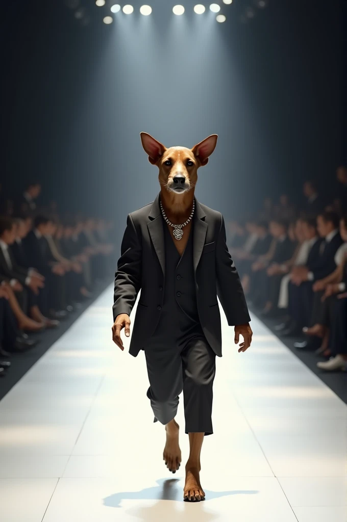 Create a video of a dog walking down a fashion runway. The dog is anthropomorphic, standing upright on two legs, and dressed in a stylish, human-like outfit including a tailored suit, shirt, and accessories like a necklace. The cat should exhibit a confident and poised demeanor, walking gracefully as if in a high-end fashion show. The runway is well-lit with spotlights and has a minimalistic, elegant setup. The atmosphere should be chic and sophisticated, capturing the essence of a high-fashion event. The background should include blurred silhouettes of an audience and a modern, sleek runway design.
