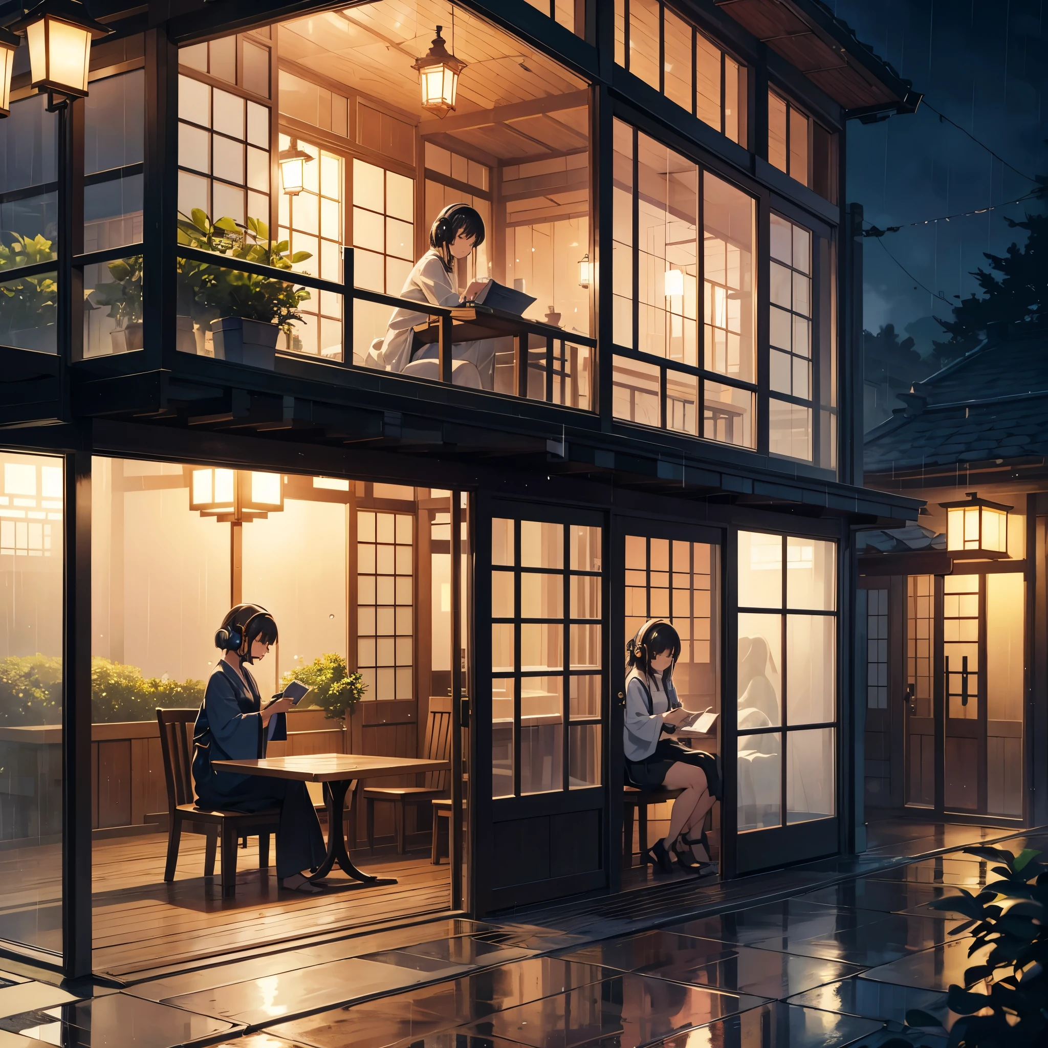 Describe a cozy little cafe seen from the outside at night, with soft lights and a peaceful atmosphere. In the background, a young japanese woman is sitting by the window, listening to lofi music with you full of light over ear headphones, while drinking a coffee and reading a book. Gentle rain falls outside, the drops hitting the windows creating a feeling of peace and relaxation. A cozy café glows softly at night, exuding a peaceful atmosphere. A young Japanese woman sits by the window, immersed in lofi music through her bright headphones, sipping coffee while reading a book. Gentle rain taps against the glass, enhancing the calming ambiance. -niji 6 --aspect 1:1 --stylize 1536x1536--quality 1 --chaos 0y Greg Rutkowski,