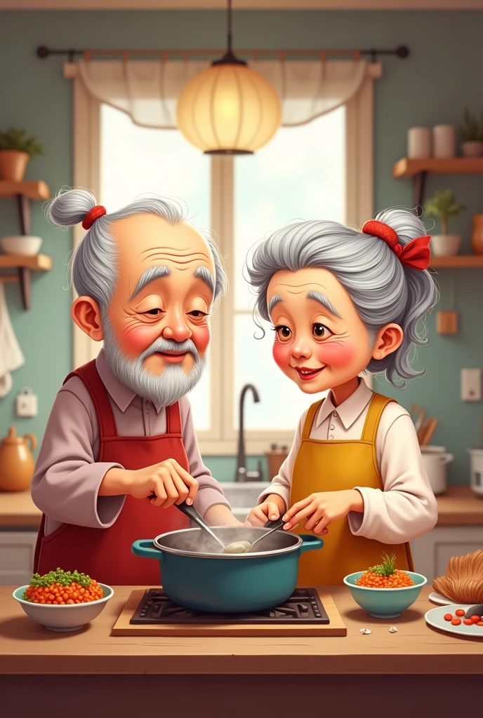 Asian Chinese old couple in cute cantoon both must grey hair cooking