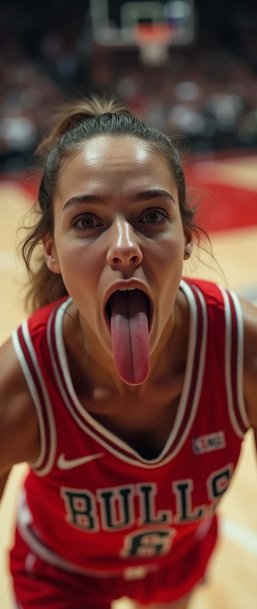 (masterpiece),(Highest quality),(Very detailed),(Ultra-high resolution),(Realistic:2.0),(RAW Photos:2.0),8k,wallpaper,(11 women:2.0),(Very beautiful woman:2.0),(Women basketball players:2.0),(Jump high with the ball in one hand to dunk:2.0),(From above:2.0),(Chicago Bulls uniform:2.0),(The woman is sticking out her tongue:2.0),(Serious:2.0),(Very detailed顔:2.0),(Very detailed手:2.0),(Detailed tongue:2.0),(Muscular:2.0),(dynamic:2.0),(Basketball court),(dynamic:2.0),(VFX:2.0,CG:2.0),(Close-up of face:1.6)