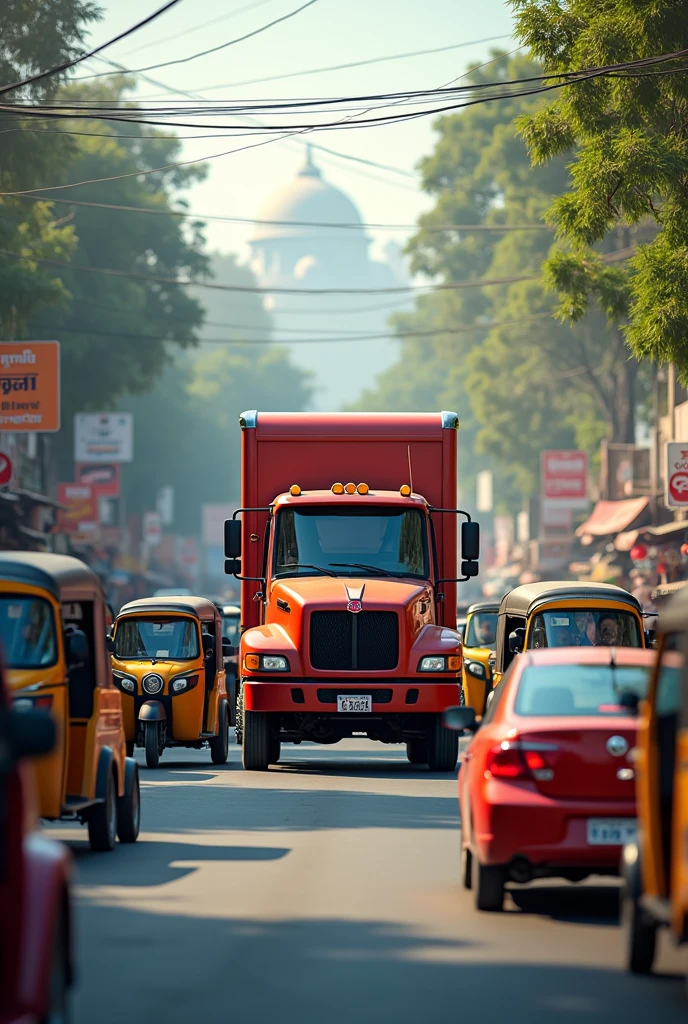 Canadian truck in punjab road with autos and cars
